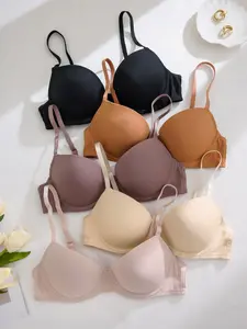 Women's Underwire Everyday Bras Set, Non-Removable Padding, Full Coverage, Medium Support, Cute, Casual, Minimalist, Smooth Style, Fitted Design, 5 Pieces Underwear