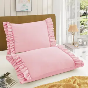Ruffled Pillow Set of 2, Standard Microfiber Pillowcases, Decorative Ruffle Pillow Covers with Envelope Closure, 20x26 Inches Pink Boho Pillow Shams