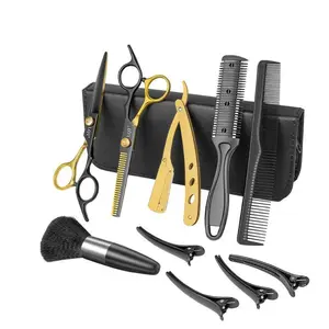 10-in-1 professional hair cutting scissors set made of stainless steel, including scissors, comb, razor, thinning shears, hair clip, neck brush, and storage bag—ideal for home salon DIY hairstyling tools.