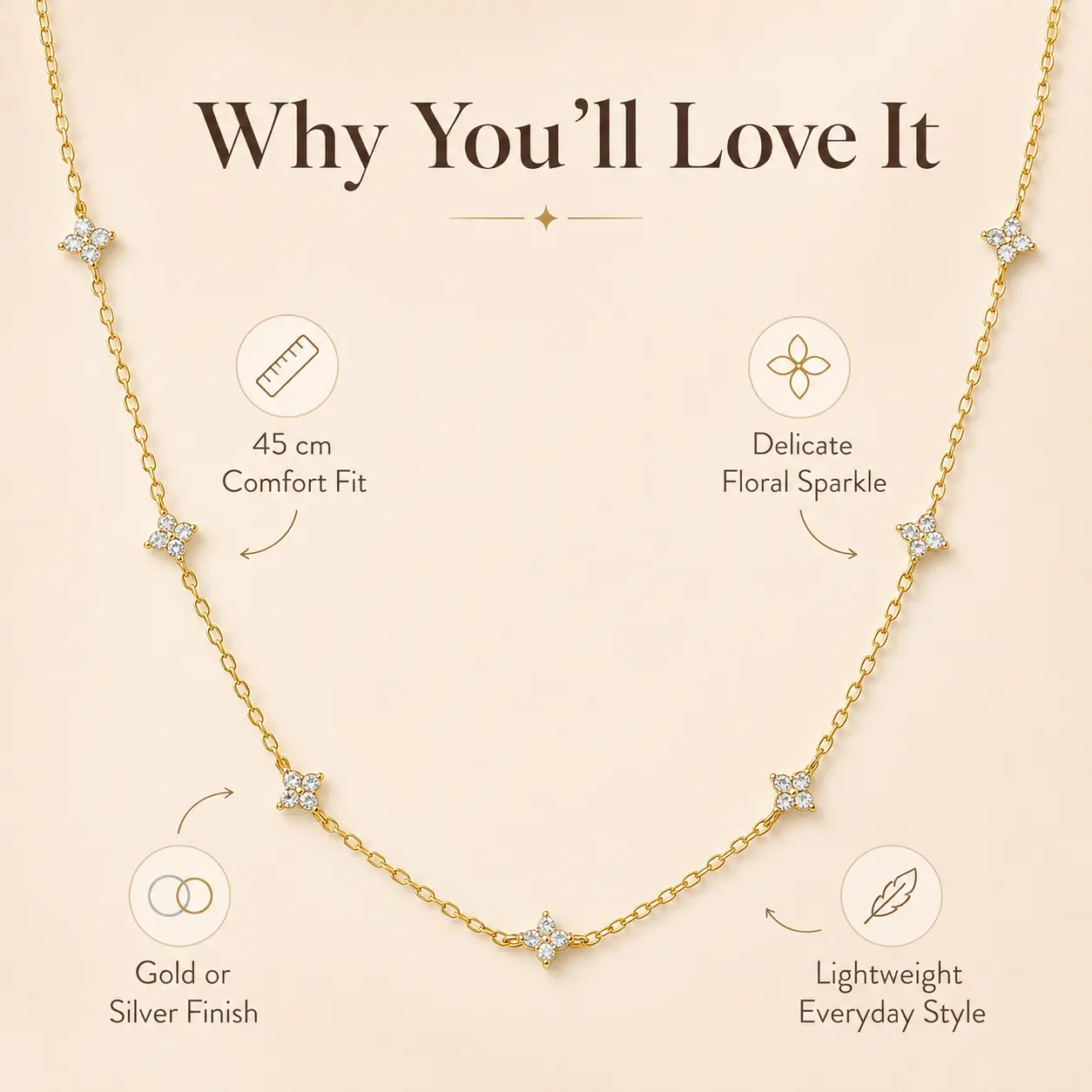 Women's Floral Crystal Station Necklace - Gold/Silver Finish, Luxury Crystal Necklaces, Bling Effect, Divine Feminine, Silver Metallic Accent, Elegant, Lightweight, Comfortable, Versatile, Perfect Gift for Daily Wear/Special Occasion Fashion Accessory