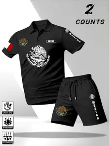 Men's Mexican Flag Print Set, Short Sleeve Button-Up Top & Shorts, Sporty Quick-Dry Fabric, Comfortable Daily Wear, Fashionable