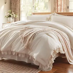 Queen Comforter Set 7 Piece, Beige Bed in a Bag with Sheets, All Season Ruffle Shabby Chic Bedding Sets with 1 Comforter, 2 Pillow Shams, 2 Pillowcases, 1 Flat Sheet, 1 Fitted Sheet