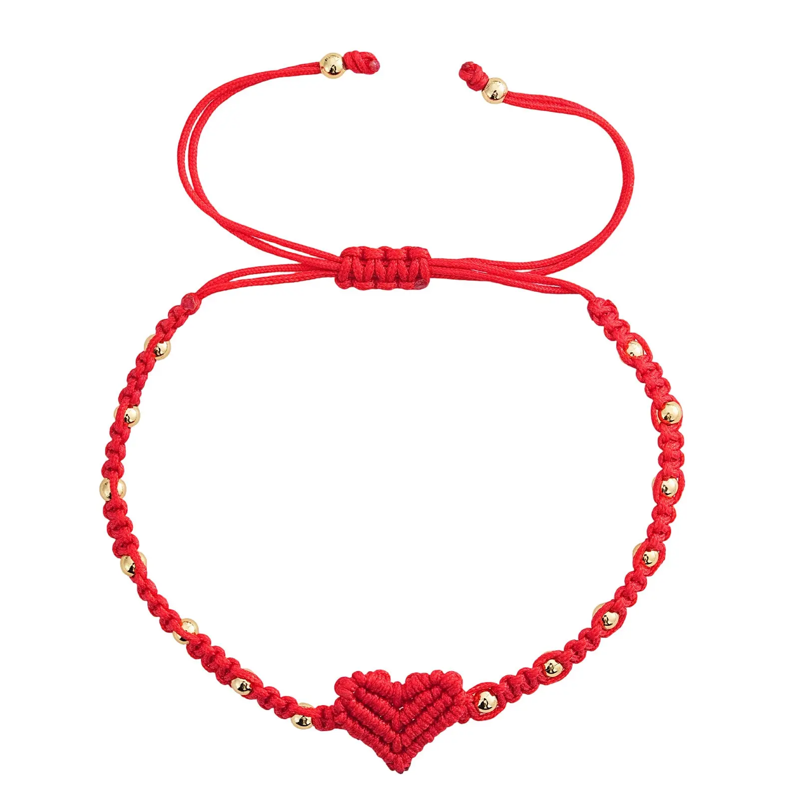 Handmade Red String Bracelet for Women Girlfriend Couples Matching Woven Macrame Heart Charm Bracelet Gold Beaded Adjustable Rope Anniversary Valentine's Day Romantic Love Jewelry Gift with Card, 11.02 Inches, Alloy, Beads