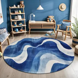 Round Blue & White Line Pattern Rug, Non-slip Soft Floor Mat, Decorative Carpet for Home Living Room Bedroom, Home Decor