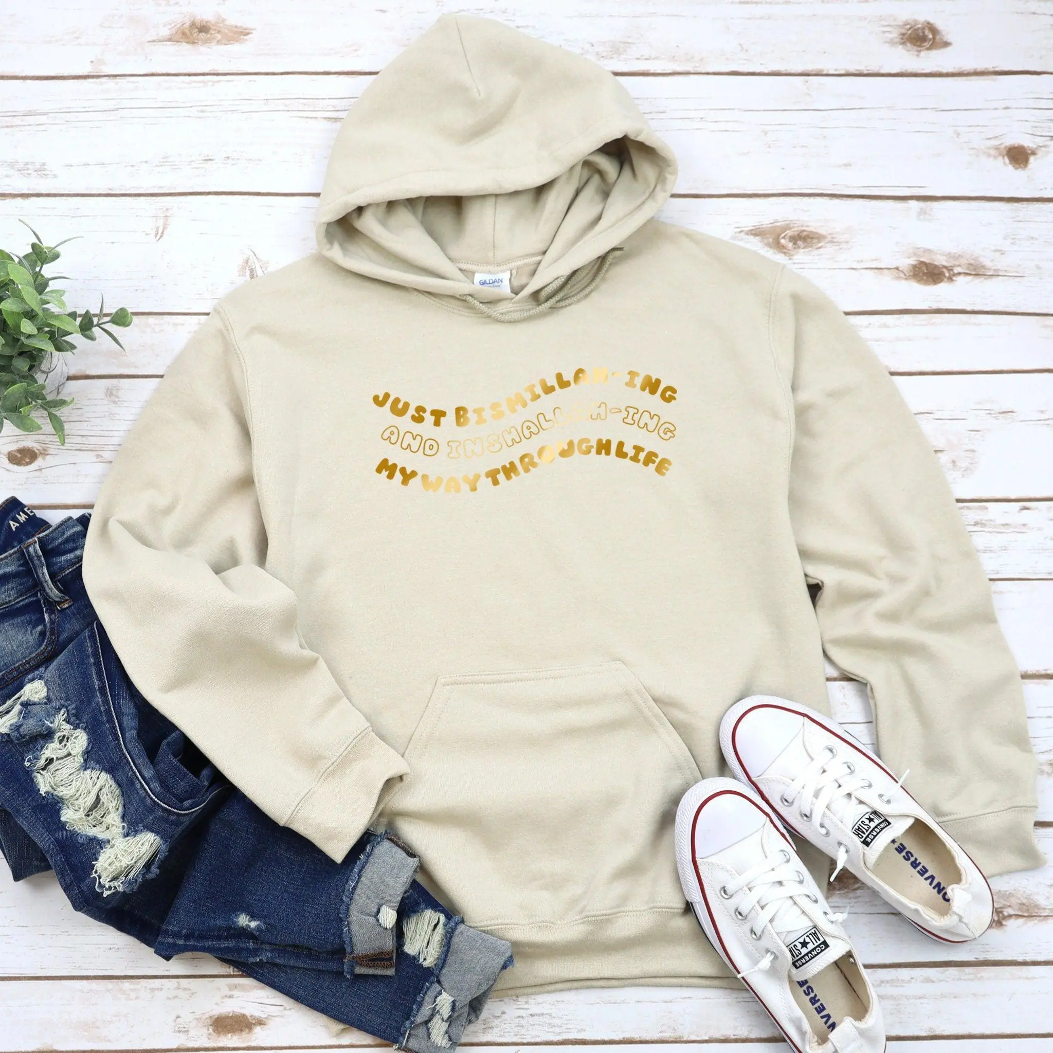 GOLD Just Bismillahing and Inshallahing My Way Through Life Hoodie by Humraha | Desi Arab Muslim Fashion Apparel Gifts for Ramadan Eid Nikkah Wedding Couples Families New Moms Aunts Uncles Grandparents | Pakistan India Bangladesh Palestine Lebanon Egypt S