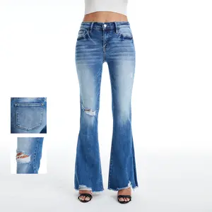 Mid Rise Flared Ripped Jeans Comfy Denim Womenswear Bottom Fabric Cotton Fit Medium Sun Trouser Streetwear Pants Spandex Polyester Basic Blue