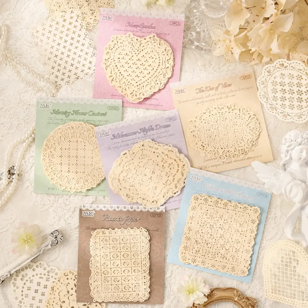 Greychamps Elysees Series Pre-Cut Aesthetic Stickers - 6 Models Vintage Hollow Floral Lace Paper Stickers for Scrapbooking, DIY Crafts, Crafting Embellishments