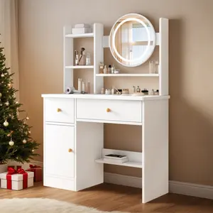 Small vanity table with mirror and lights, featuring three-color lighting, two drawers, storage shelves, and a padded stool.  Suitable for girls' and women's bedrooms, modern white design
