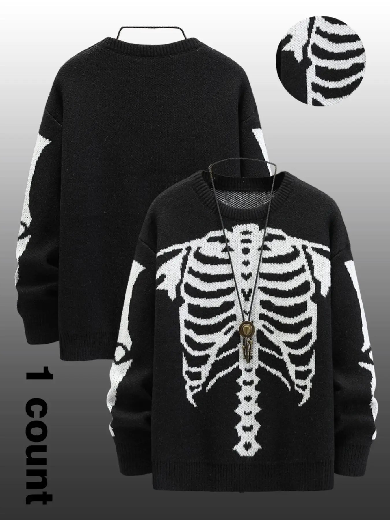 Men's Skeleton Print Drop Shoulder Sweater Knitwear, Regular Fit Casual Long Sleeve Round Neck Pullover for Fall & Winter, Men's Clothes for Daily Wear, Halloween