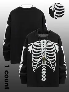Men's Skeleton Print Drop Shoulder Sweater, Regular Fit Casual Long Sleeve Round Neck Pullover for Fall & Winter, Men's Clothes for Daily Wear, Halloween