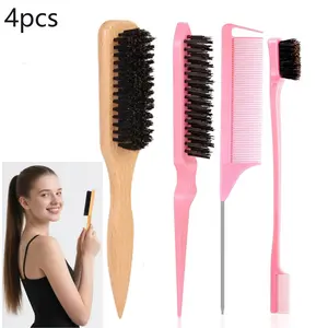 4pcs Bristle Slick Back Hair Brush for Smooth Flyaways, Frizz, Sleek Ponytail, Buns And Edge Hair, Teasing | Hair Comb, Edge Brush, Teasing Brush Rat Tail Comb for Women And Men