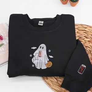 Vintage Ghost Embroidered Halloween Sweatshirt – Spooky Cute Design with Pumpkin Bucket, Stars, Bats and Soda Can Sleeve Detail, Cozy Unisex Fall Pullover Perfect Halloween Gift or Fall Birthday