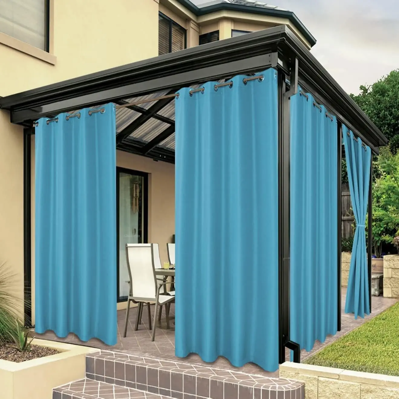 Modern Teal Outdoor Grommet Curtain - 1 Panel, 54W x 84L in, Water-Resistant Thick Heavy Polyester Fabric, Privacy-Focused for Patio, Porch, Sunlight Blocking, One Panel