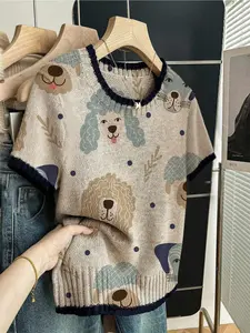 Spring Summer Elegant Women's Full Print Dog Pattern Sweater, Casual Short Sleeve Knit Top, Knitwear, Breathable Daily Wear, Perfect for Spring & Summer