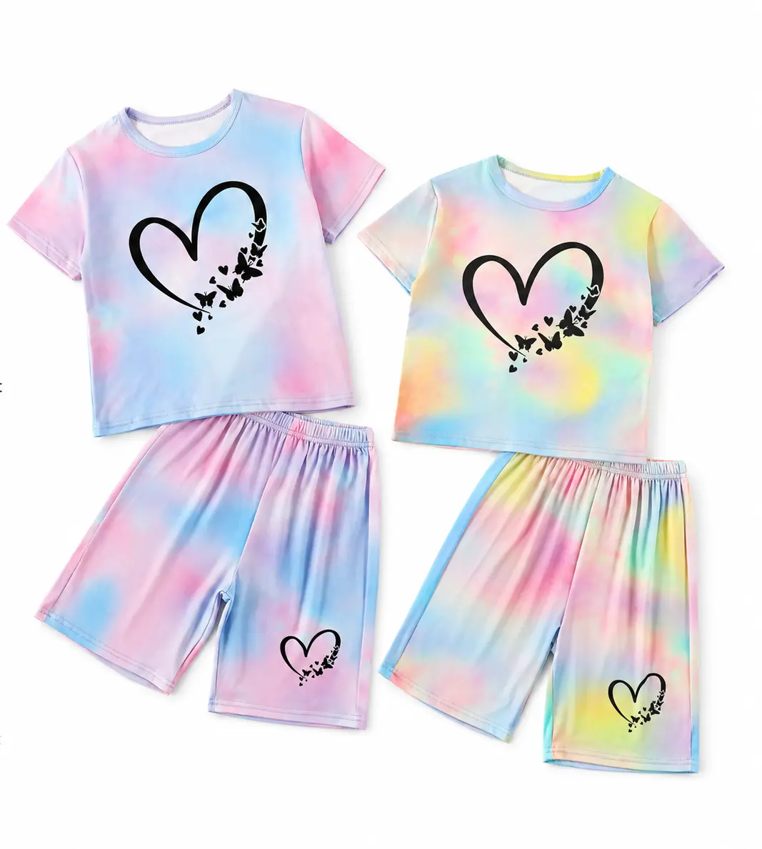 #SummerVibes Girls Casual Tie Dye 2-Piece Set, Heart & Butterfly Graphic T-Shirt and Shorts for Children 3-12 Years