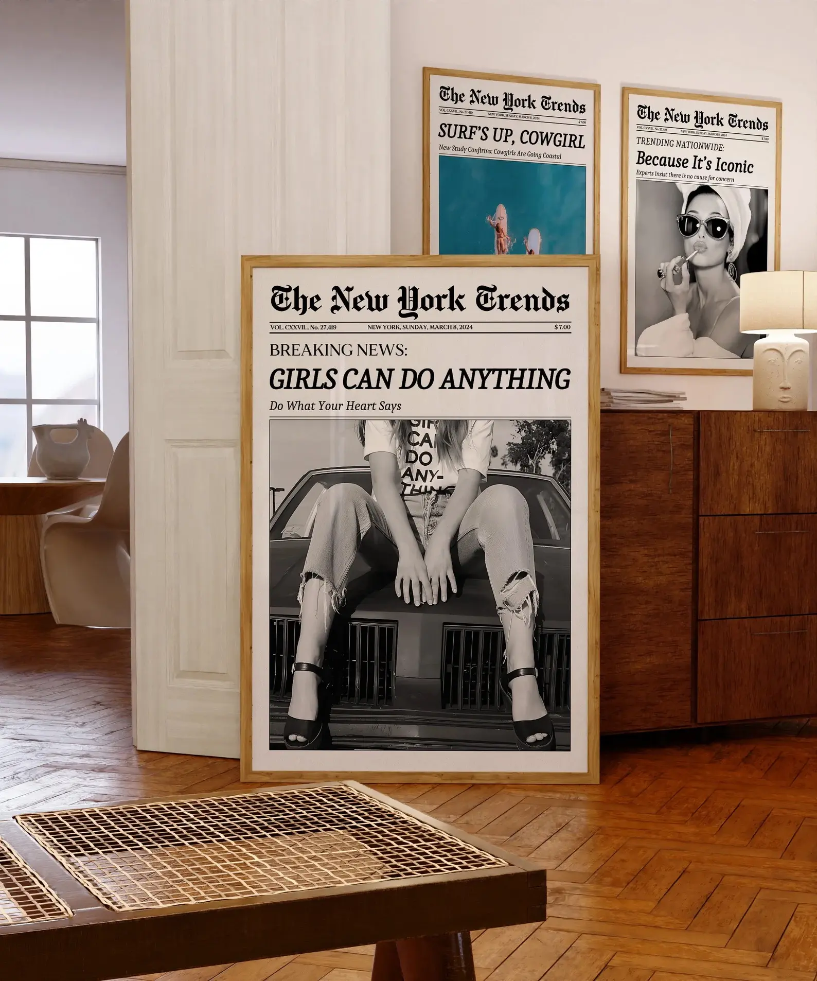 Trendy Newspaper Print, New York Times Print, Girls Can Do Anything, Vintage Bar Cart Print, It Girl Dorm Room Retro, Printable Wall Art