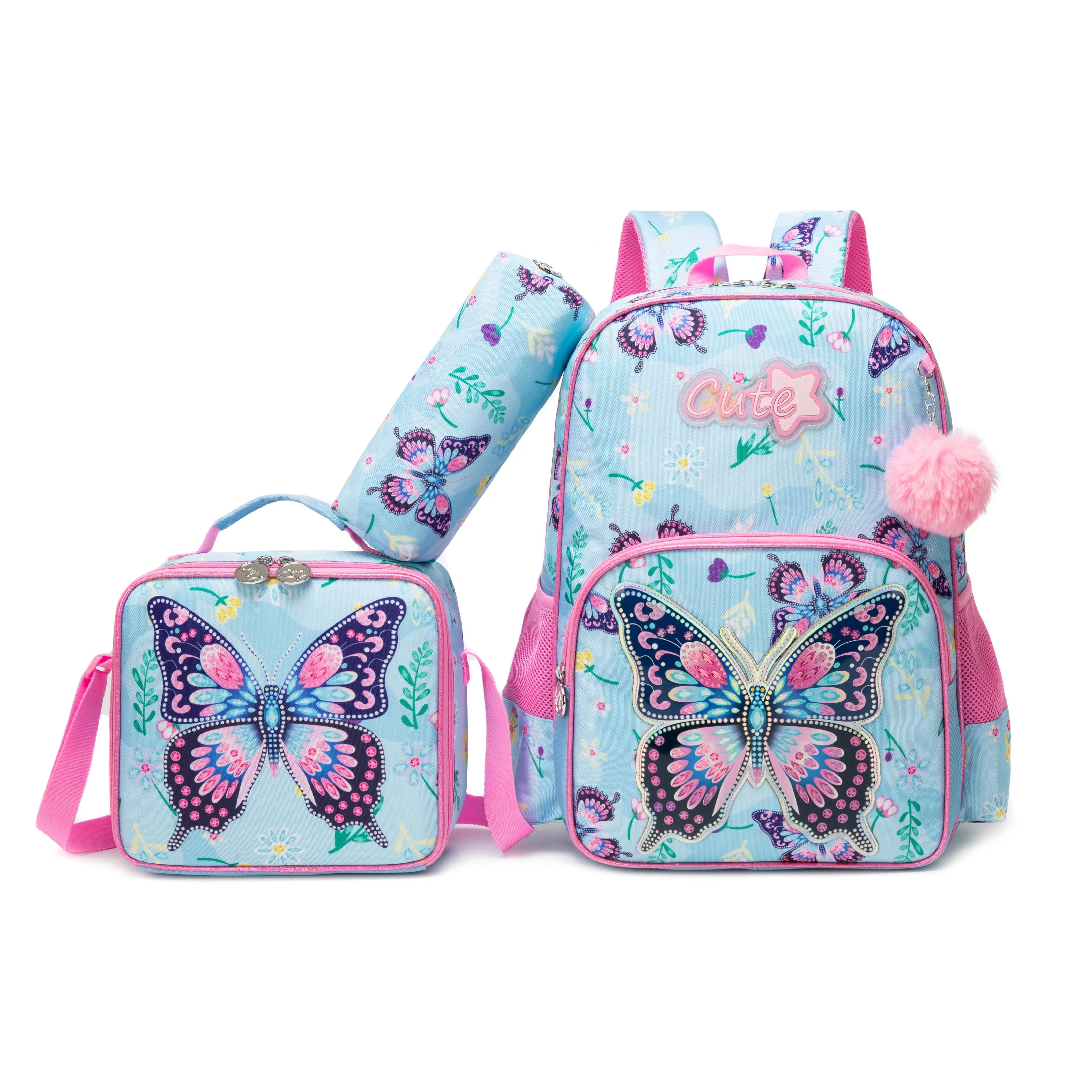 Kids' Glitter Rhinestone Butterfly 3-Piece Backpack Set, Light Blue Floral Allover Print Elementary School Bag with Matching Insulated Lunch Bag, Pencil Case & Ergonomic Padded Straps for Girls three-piece