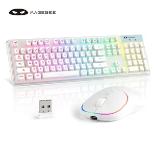 MageGee V550 Wireless Gaming Keyboard and Mouse Combo, 2.4G Rechargeable RGB Backlit Keyboard with Clear Shell, Full Size Waterproof Keyboard & LED Mice for PC/Laptop - White