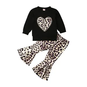 Ma&Baby 2Pcs Toddler Baby Girl Fall Winter Spring Clothes Outfits Long Sleeve Leopard Love Print Top + Leopard Flare Pants Bell Bottoms Outifits Set
