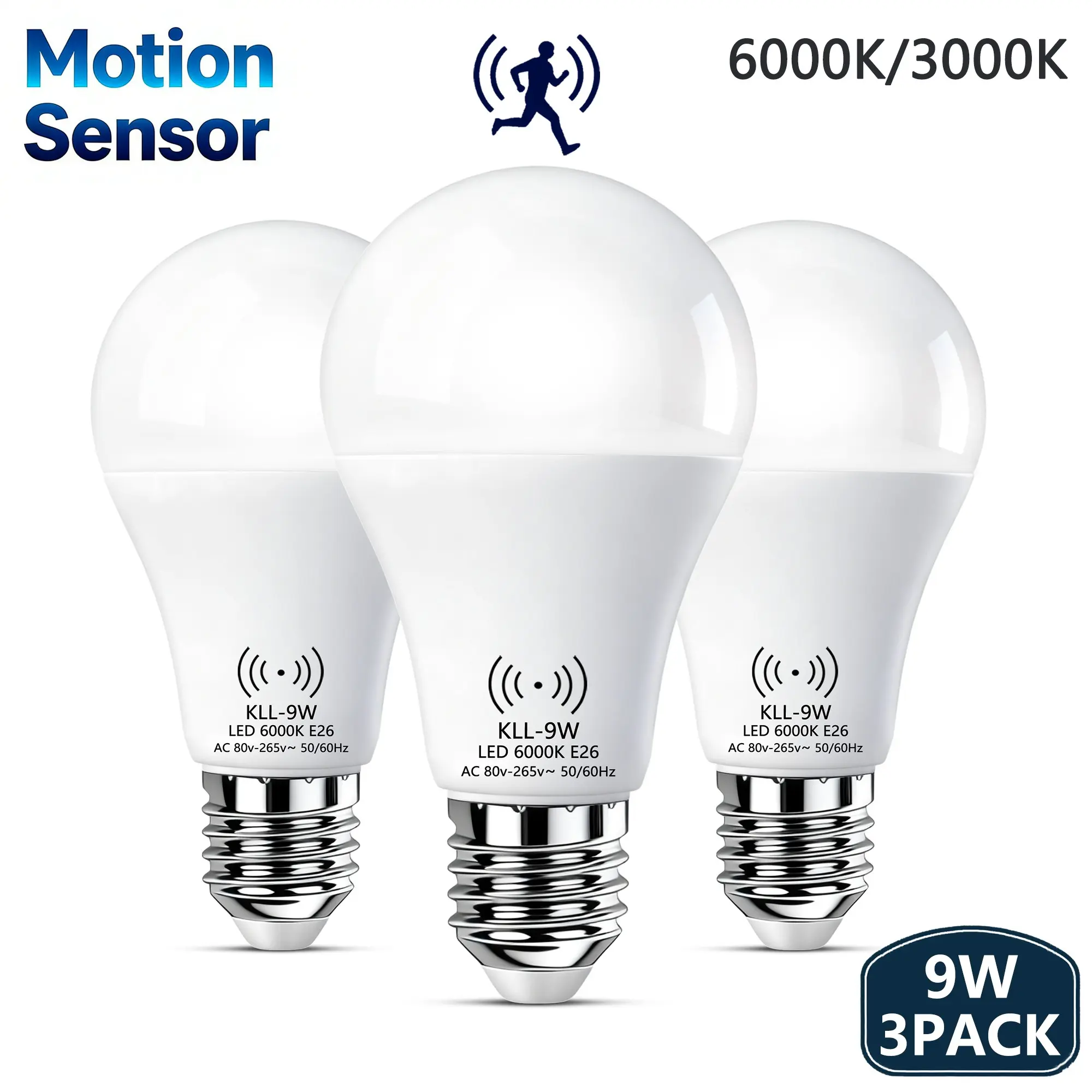 Kasotile Motion Sensor LED Bulb, 9w Energy Efficient, E26/e27 Base, 3000k/6000k, Indoor Lighting, Versatile Lighting, 3pcs, Hallway & Room Illumination, Led Lights