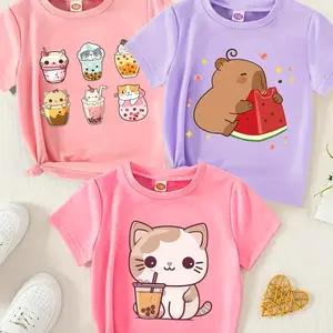 3 Pack Cute Graphic Cotton T-Shirts for Girls, Cat Boba Capybara Watermelon Prints, Valentine's Day Gift for Kids, Fashion Oversized Comfort Outfit