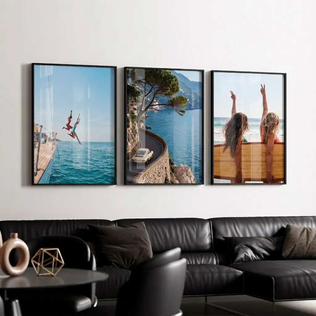 Coastal Summer Wall Art Set of 3, Yacht Life Amalfi Coast Print, Surfboard Girls Beach Poster, Retro Car Photography, Digital Download Art