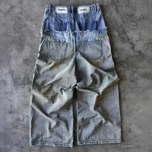 European and American sports retro street hip hop edging splicing double waist rivets loose wide legs straight jeans