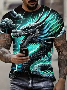 Men's 3D Blue Dragon Print T-Shirt Top, Casual Streetwear Short Sleeve Pullover, Crew Neck, Summer Outdoor Clothing, Regular Version, Adult Size