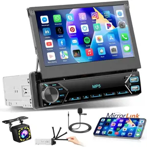 RIMOODY 1Din Car Stereo Head Unit - 7in Manual Retractable Screen Car Media Player with Bluetooth Handsfree, FM, Type-C, 2 USB Ports, AUX, Mirror Link, SWC, Rear View Camera (No CarPlay/Android Auto)