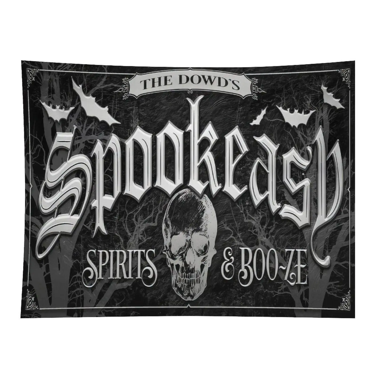 Vintage Gothic Skull-Bat-Bare Tree Black Texture Polyester Wall Tapestry - Hanging, Anti-Wear, 1-Piece Custom Name Halloween Decor for Entryway, Moody Bedroom Wall Backdrop