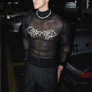 INCERUN Men's Opium Core Mesh Top Gothic Y2K Graphic See-Through Tee