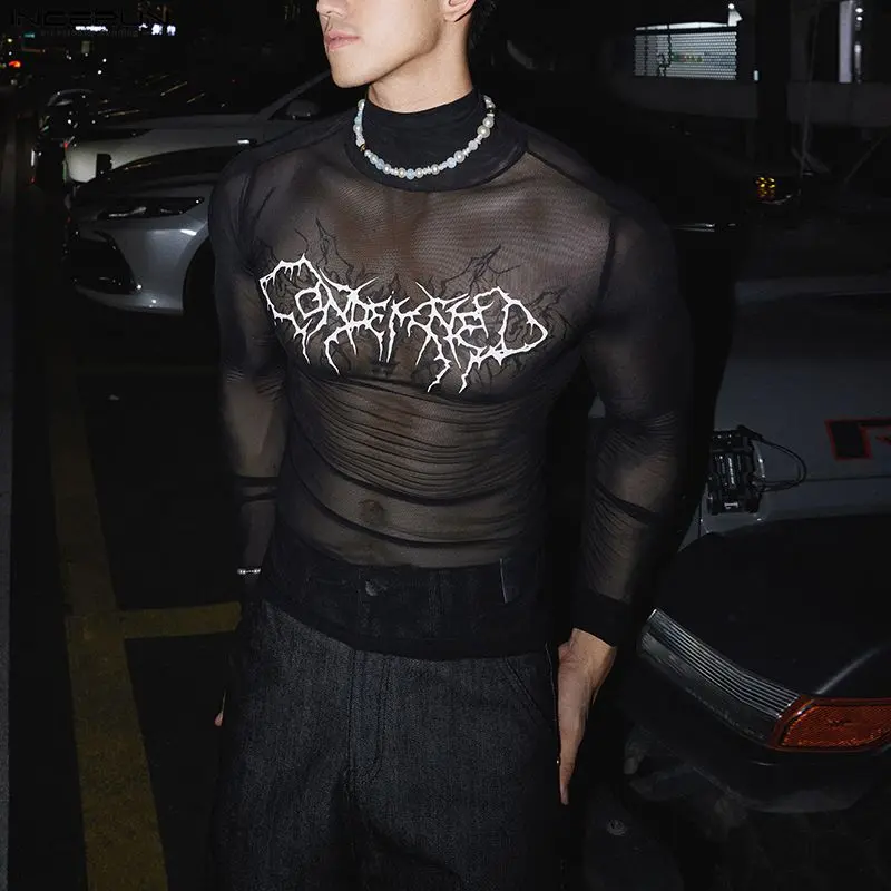 INCERUN Men's Opium Core Mesh Top Gothic Y2K Graphic See-Through