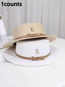 1pc Bohemian Style Women's Fashionable Cute Straw Hat, With Leather Buckle, Suitable For Beach Vacation, Daily Wear And Sun Protection, Cowboy Hat, Valentine's Day Gift, Women's Hat, Beach Hat