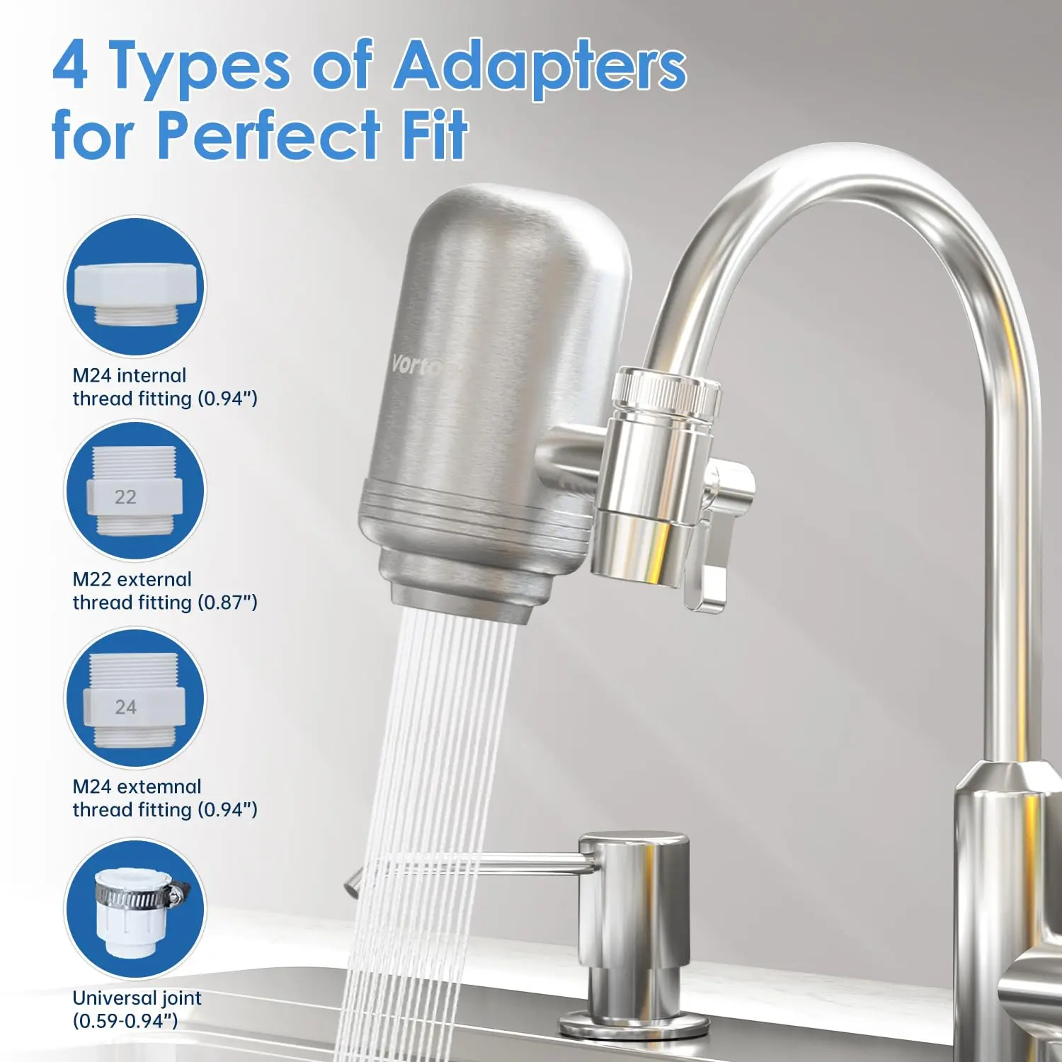 Faucet Water Filter for Sink, Built in Filter, Rapid Flow 400 Gallons, Nsf Certified Stainless Steel Filter, Reduces Chlorine, Faucet Mount Water Filtration System, Stainless Steel Filtered