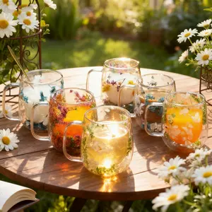 “Double-Walled Glass Mugs Collection: 4 Styles with Floral Botanical & Christmas Winter Themes - Unique Drinkware for Gifting & Daily Use Stylish