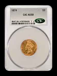 1874 $3 Princess Head Gold AU 58 CAC