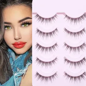 Natural False Eyelashes, 5 Pairs Long Fish Tail Style Faux Cluster Lashes, Fluffy False Eyelashes for Women and Girls Cosmetic Eye Makeup Enhancement