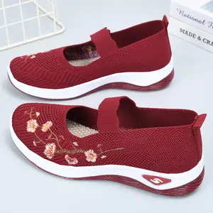 Women's Embroidered Breathable Knit - Super Comfy, Lightweight & Stylish! Features Cute Floral Embroidery, Adjustable Strap for Perfect Fit. Ideal for Daily Wear, Walking or Casual Outings. Breathable Knit Keeps Feet Cool. Trendy Red Color.