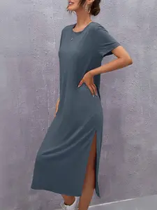 Elegant Side Slit T-Shirt Dress, Loose-Fitting Minimalist Round Neck Short Sleeve Midi Dress, Comfortable Casual Wear for Women