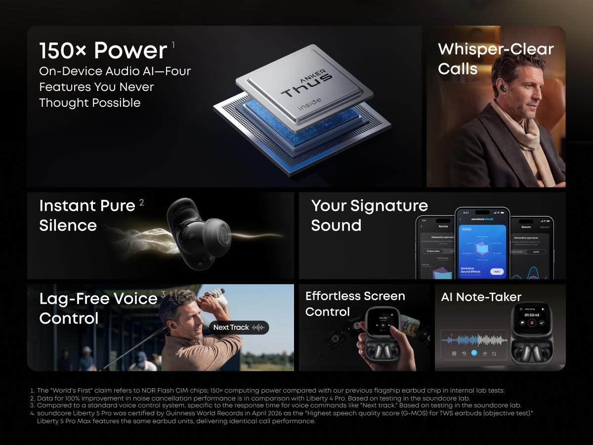 soundcore Anker Liberty 5 Pro Max Wireless Earbuds, Exclusive Limited: Add $5/$10 for Extra Premium Gift, AI Note-Taker for In-Person Meetings, Whisper-Clear Calls, Active Noise Cancelling, 1.78" AMOLED Smart5 Mins Charge = 4 Hrs Playtime soundcore Anker Liberty 5 Pro Max Wireless Earbuds, Exclusive Limited: Add $5/$10 for Extra Premium Gift, AI Note-Taker for In-Person Meetings, Whisper-Clear Calls, Active Noise Cancelling, 1.78" AMOLED Smart5 Mins Charge = 4 Hrs Playtime