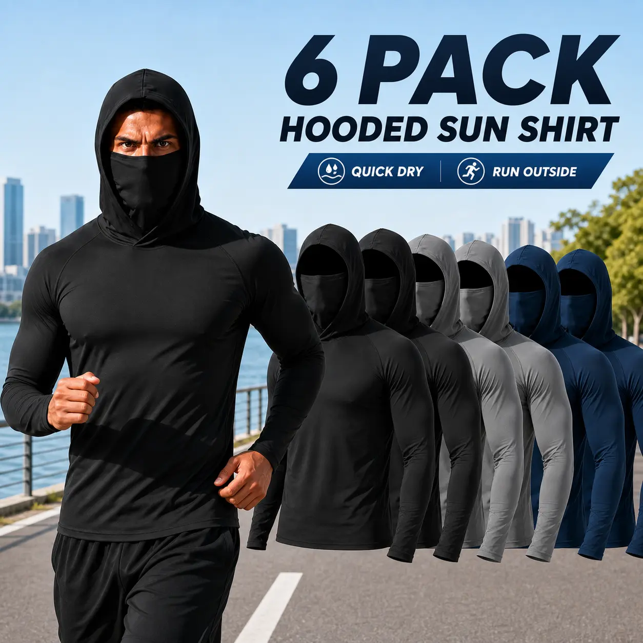 ¡Vaya! 6 Hooded Sun Shirts. Built-in mask, quick-dry, 4-way stretch. Perfect for gym, fishing, trails, or site work. 6 tops for one killer price! ¡Sin duda!