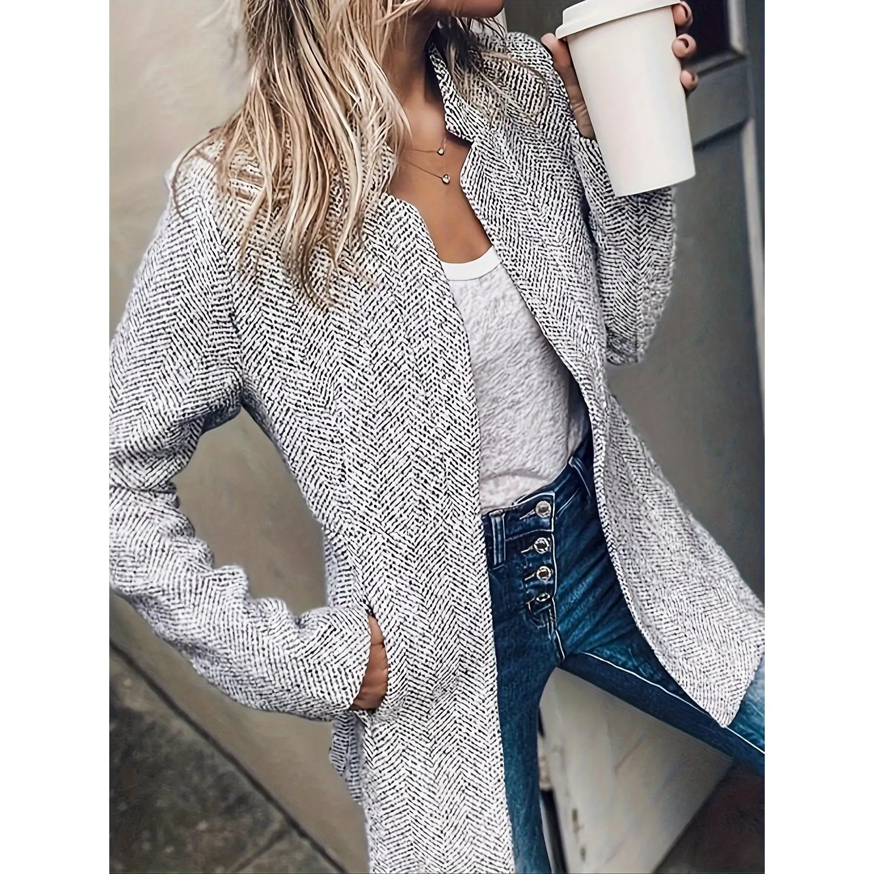 Marled Open Front Blazer, Elegant Long Sleeve Slim Fit Blazer For Winter & Fall, Women's Clothing