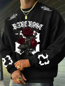 New Men's Graphic Flower Print Sweatshirt, Loose Fit Casual Long Sleeve Round Neck, Comfortable All Season Wear, Daily Versatile Top