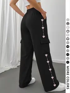 Women's Butterfly Knot Heart Pattern Casual Elastic Waisted Long Pants, Fitted Sleeveless Design, All Season Wear, Comfortable and Stylish, Casual Fitted Trousers