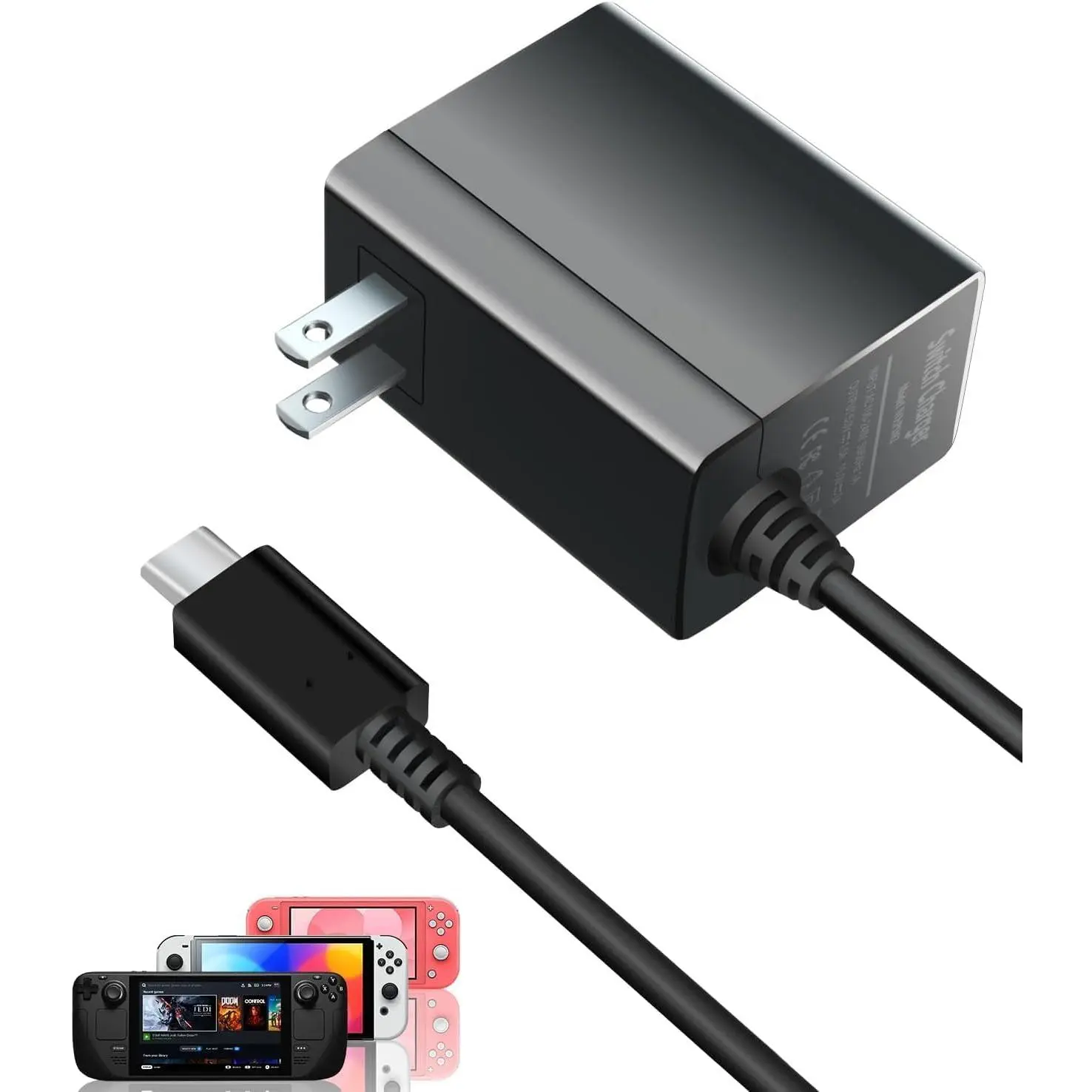 Charger for Nintendo Switch, 45W AC Adapter Power for Switch, Compatible with Switch Lite/OLED/Steam Deck, Switch Fast Charging Output 15V 3A with 5FT USB C Charger Cable, Support Switch TV Dock Mode