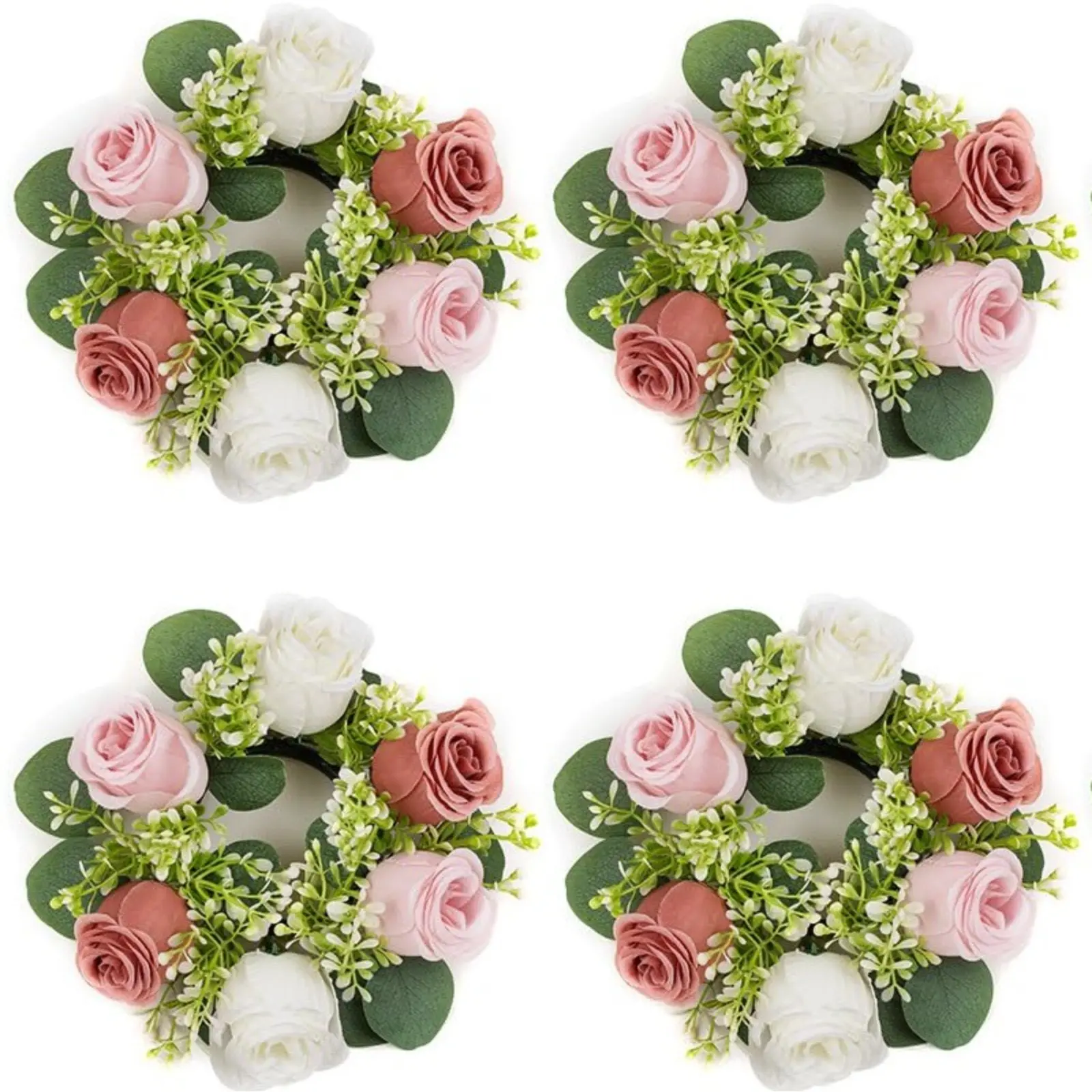 4pcs Artificial Rose Candle Rings, 14 Inch Dusty Rose White Floral Wreaths, Wedding Ceremony Centerpiece, Front Door Party Decor