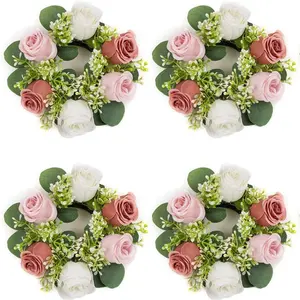4pcs Artificial Rose Candle Rings, 14 Inch Dusty Rose White Floral Wreaths, Wedding Ceremony Centerpiece, Front Door Party Decor