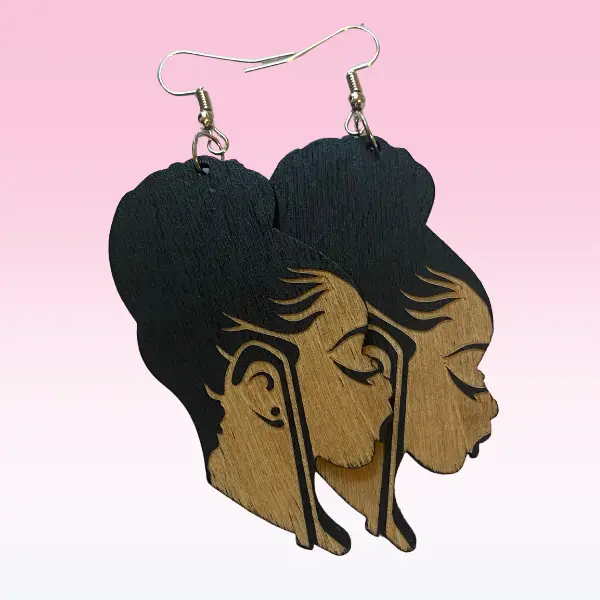 Natural Hair Updo Ponytail African Wooden Dangle Earrings | Gorgeous Melanated Black Woman Symbolic Afrocentric Jewelry