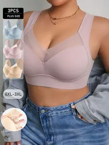 3-Pack Plus Size Seamless Sports Bras for Women, Multi-Color Push-Up Comfortable Wire-Free Bra, Tank Top Style Yoga Sleepwear, Wireless Sports Bra