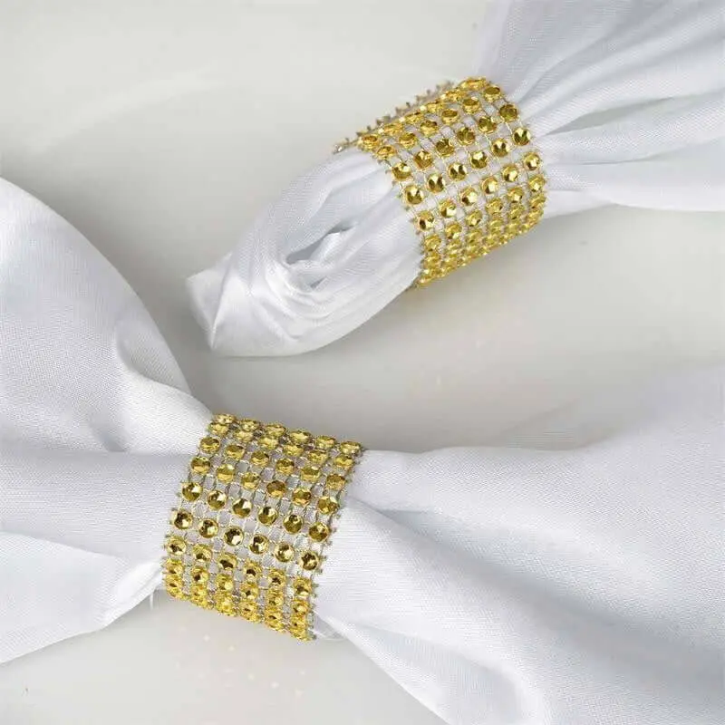 10-Pack Glam Gold Diamond Rhinestone Napkin Rings with Velcro Brooch Buckle, Restaurant Tableware Accessory for Event, Party
